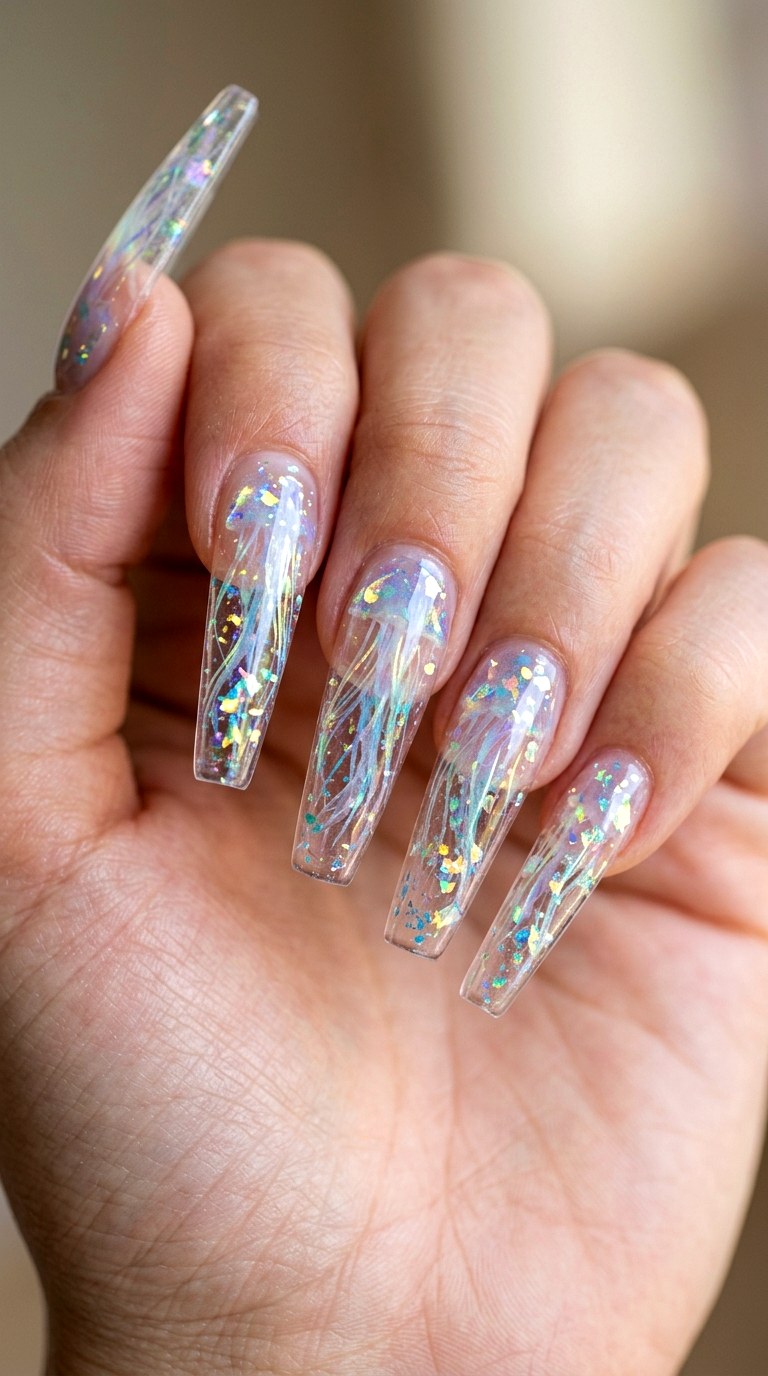 Jellyfish Floating Clear Acrylics - 29 Beach Summer Acrylic Nails
