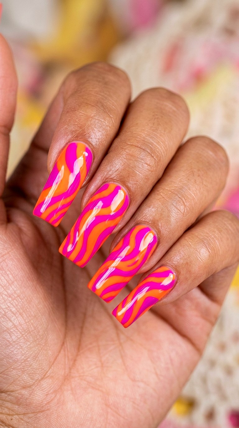 Juicy Papaya and Magenta Abstract Waves - 30 Brunch Spring Two Colored Nails