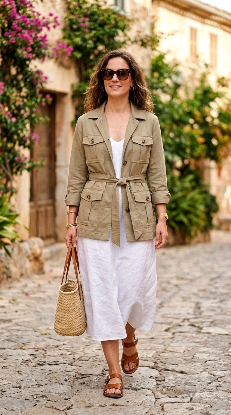 Khaki Safari Jacket Over White Linen Slip - 24 old money outfits summer