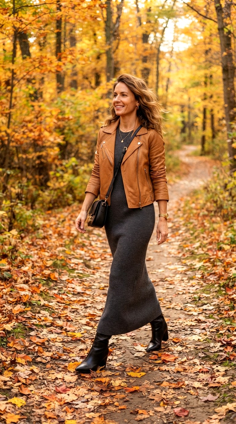 Knit Maxi Dress and Boots - 22 leather jacket outfits women