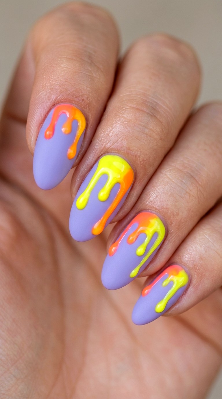 Lavender Base with Neon Drip - 23 Bright Spring Multicolor Nails