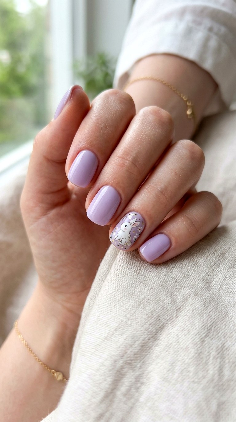 Lavender Bunny Accent Nails - 26 Summer Pastel Bunny Cartoon Nail Ideas