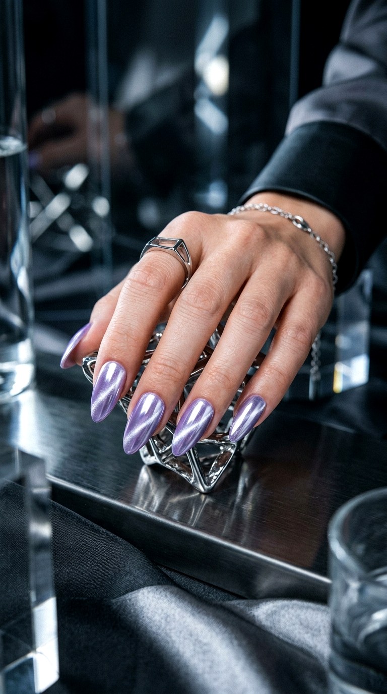 Lavender Cat Eye with Chrome Finish - 21  Summer Lavender Magnetic Cat Eye Nails Ideas