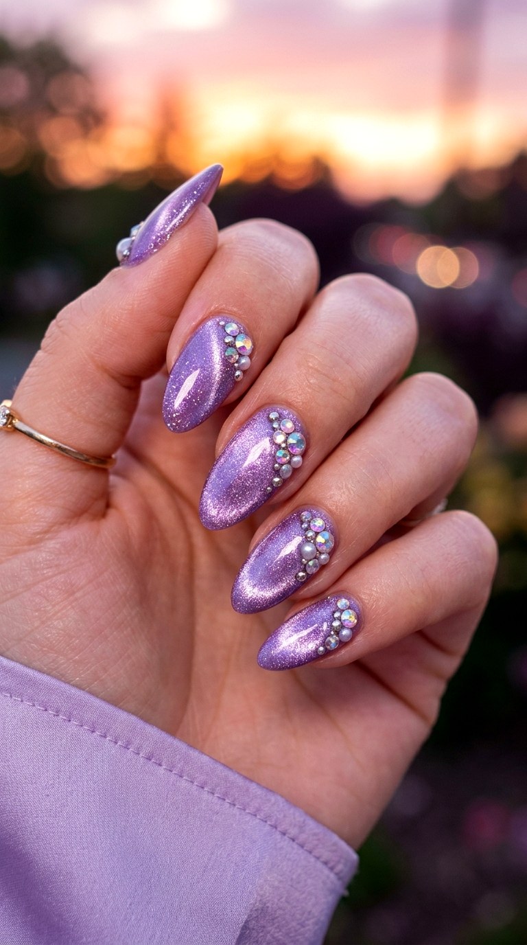 Lavender Cat Eye with Clustered Crystals - 21 Summer Crystal Accent Cat Eye Nails Ideas