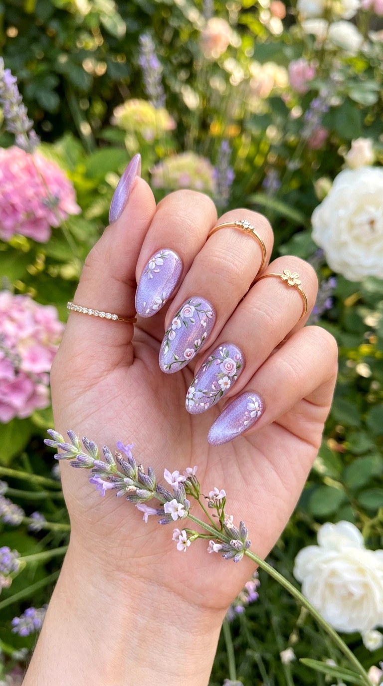 Lavender Cat Eye with Floral Art - 21  Summer Lavender Magnetic Cat Eye Nails Ideas