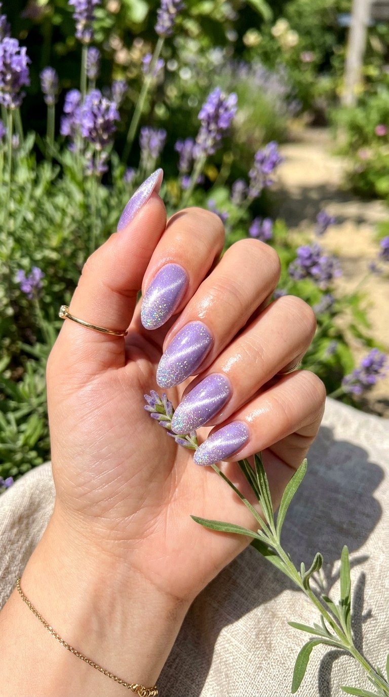 Lavender Cat Eye with Glitter Tips - 21  Summer Lavender Magnetic Cat Eye Nails Ideas