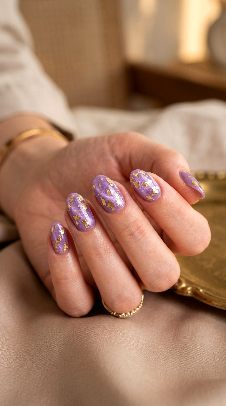 Lavender Cat Eye with Gold Foil - 21  Summer Lavender Magnetic Cat Eye Nails Ideas