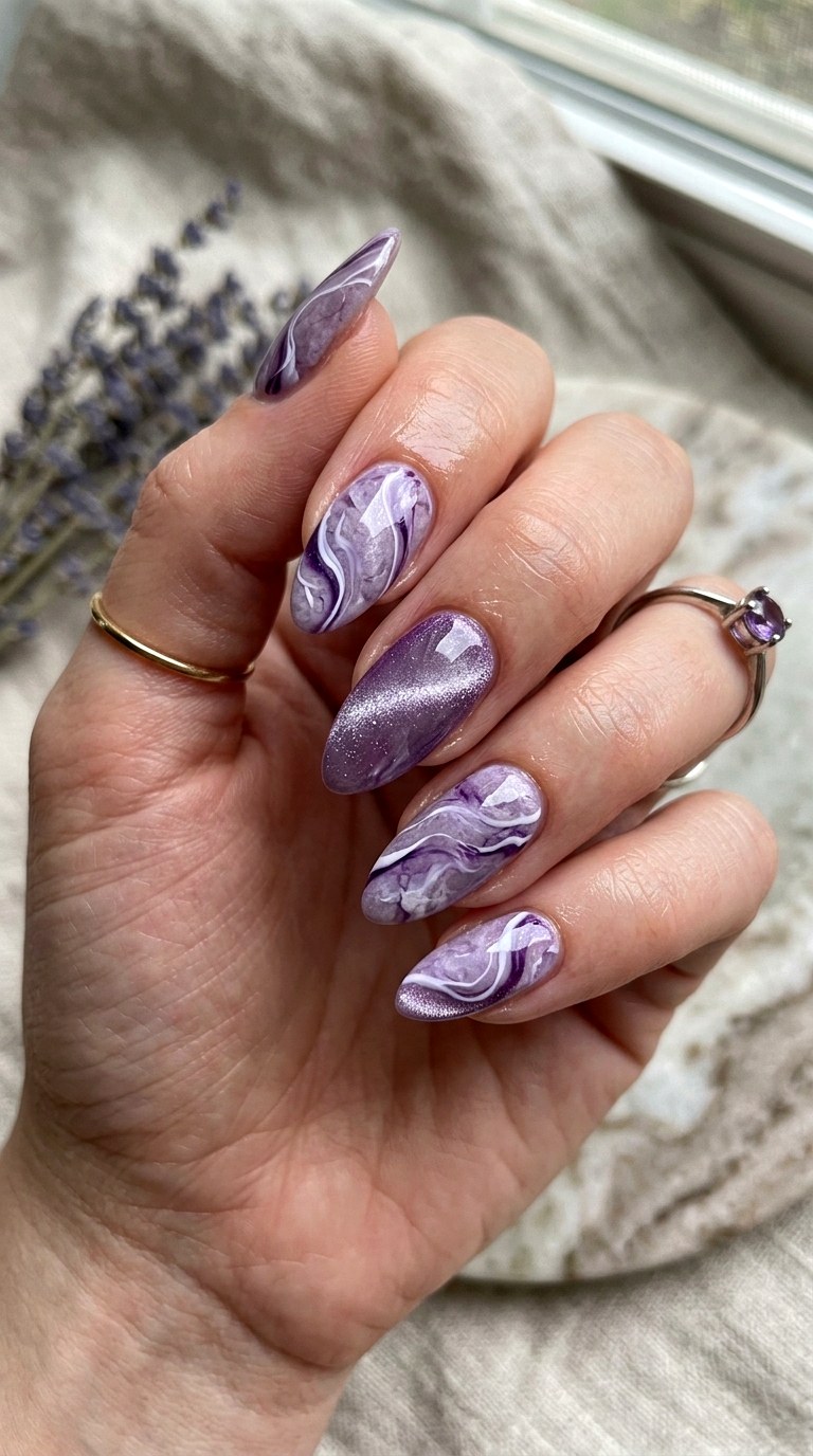 Lavender Cat Eye with Marble Effect - 21  Summer Lavender Magnetic Cat Eye Nails Ideas