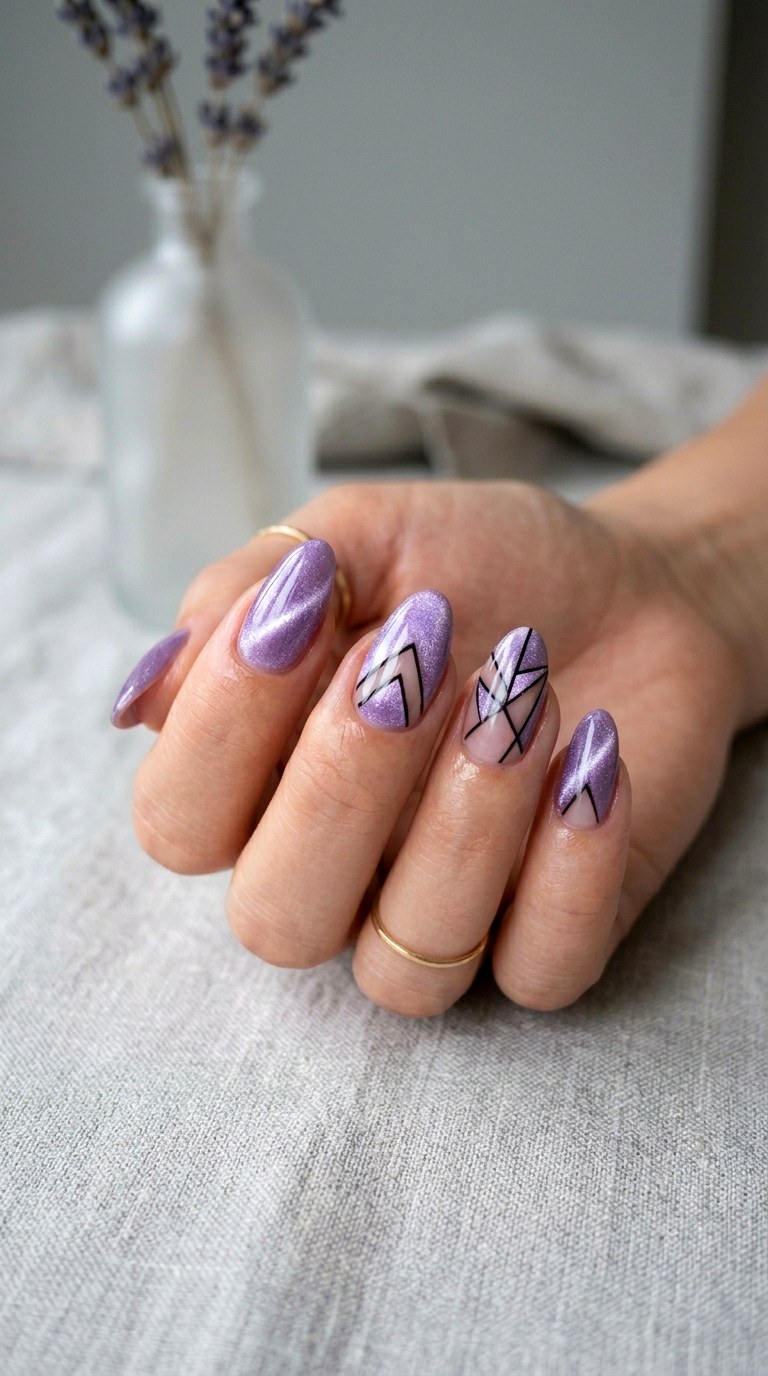 Lavender Cat Eye with Negative Space - 21  Summer Lavender Magnetic Cat Eye Nails Ideas