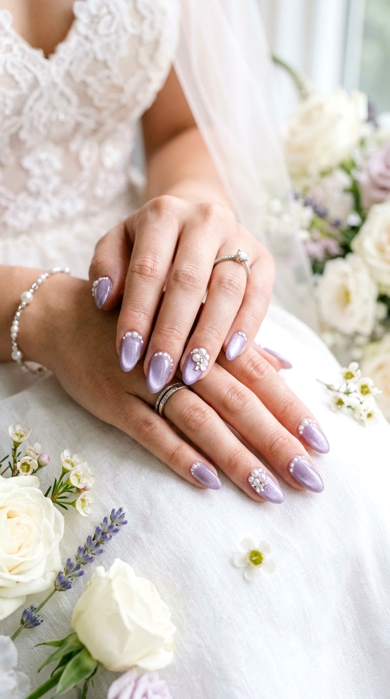 Lavender Cat Eye with Pearl Accents - 21  Summer Lavender Magnetic Cat Eye Nails Ideas