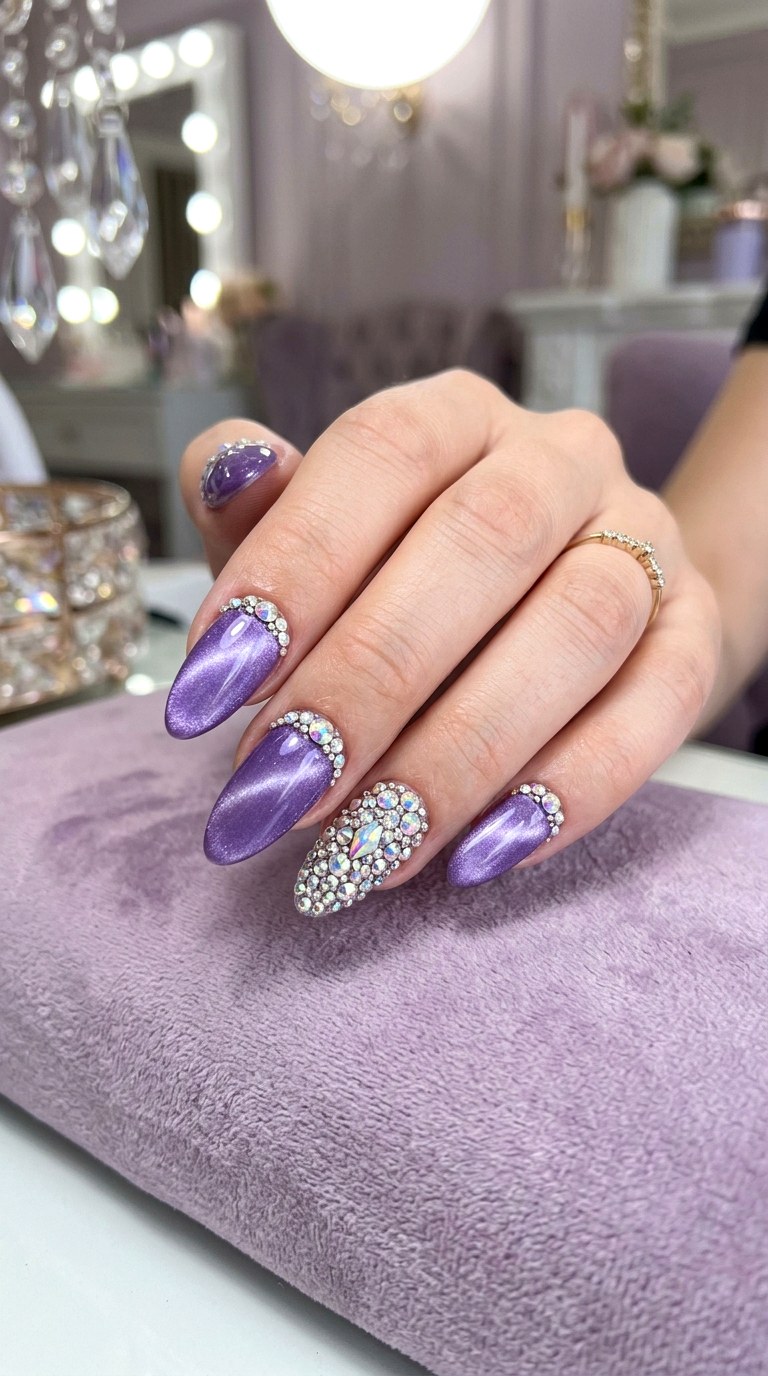 Lavender Cat Eye with Rhinestones - 21  Summer Lavender Magnetic Cat Eye Nails Ideas