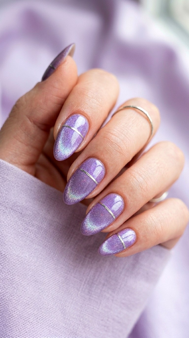 Lavender Cat Eye with Silver Line Accent - 21  Summer Lavender Magnetic Cat Eye Nails Ideas