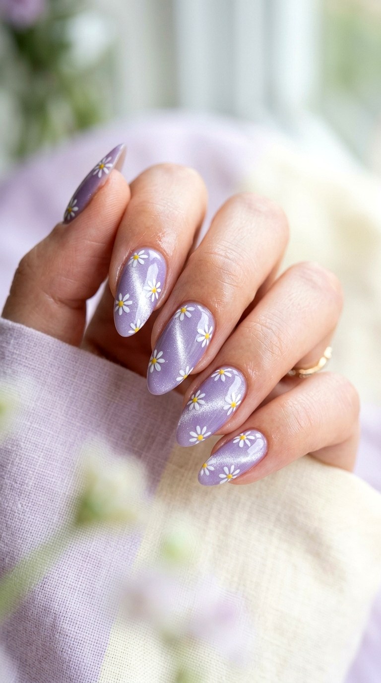 Lavender Cat Eye with Tiny Daisies - 25 Summer Floral Cat Eye Nails Ideas