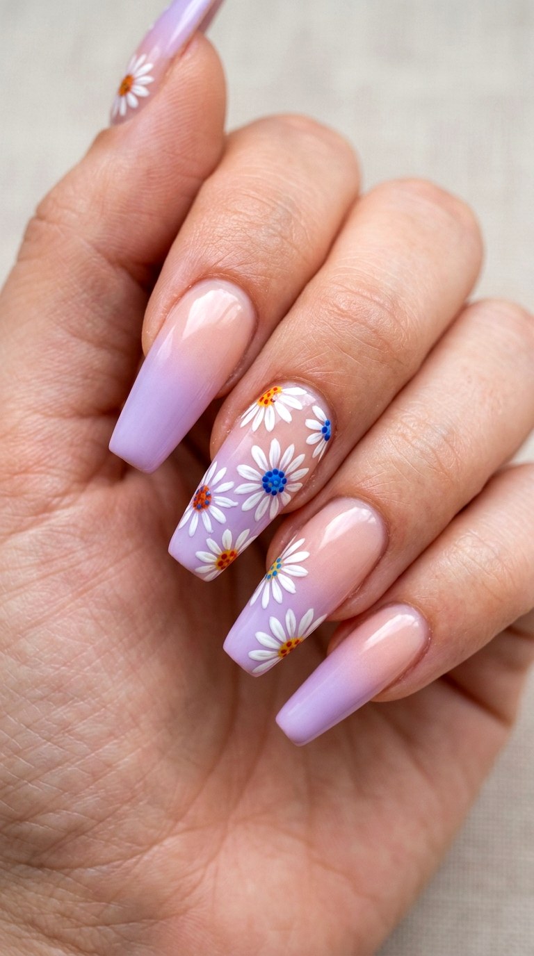 Lavender Dream Negative Space Coffin Nails - 22 Bright Spring Multicolor Acrylic Nails