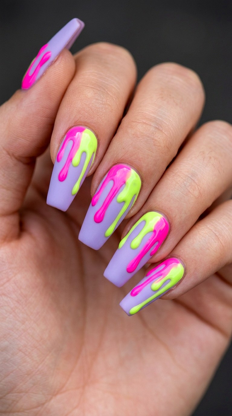 Lavender Haze With Neon Splash Drips - 26 Early Spring Multicolor Acrylic Nails