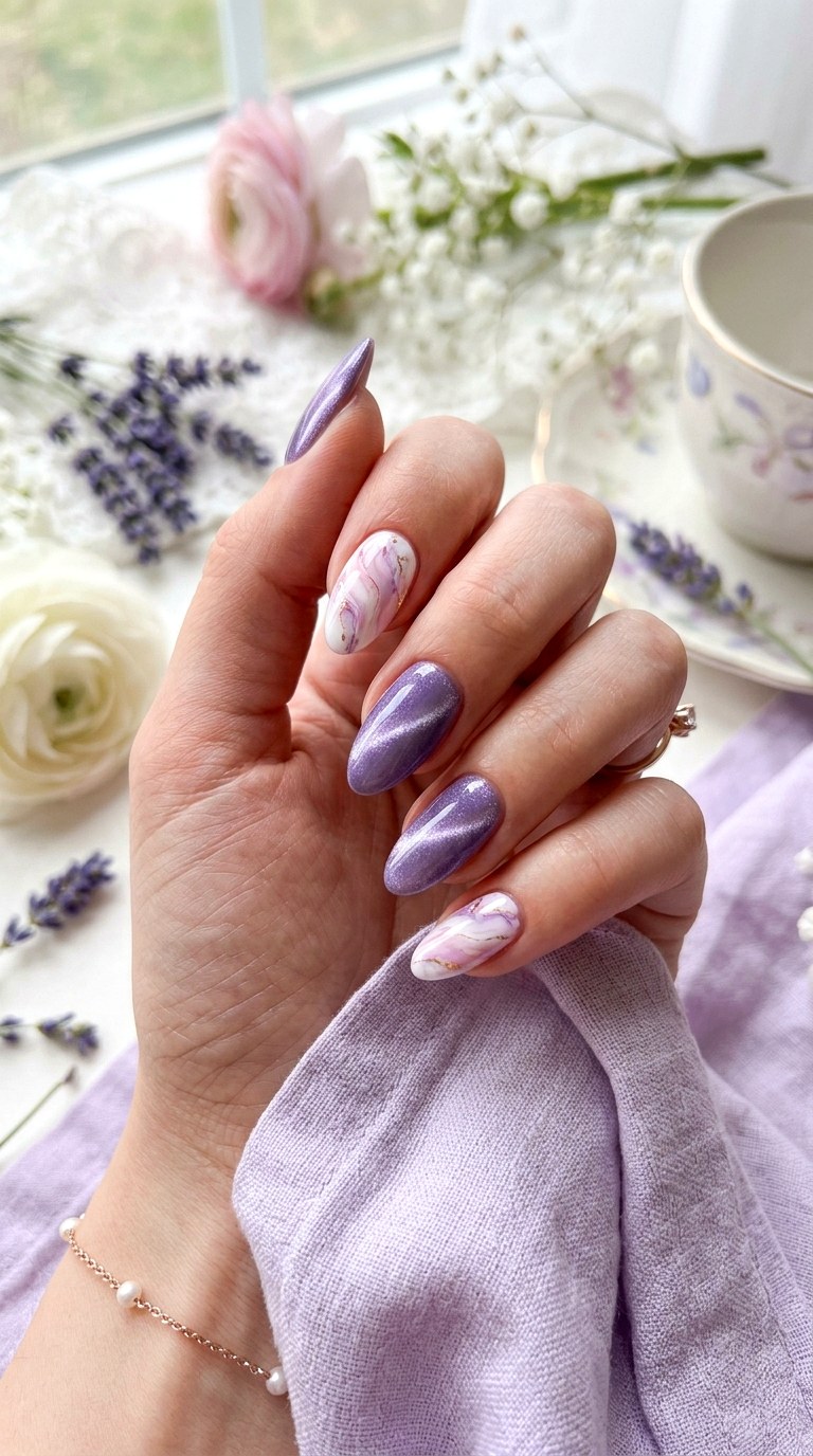 Lavender Marble Cat Eye - 20 Spring Lavender Magnetic Cat Eye Nails Ideas