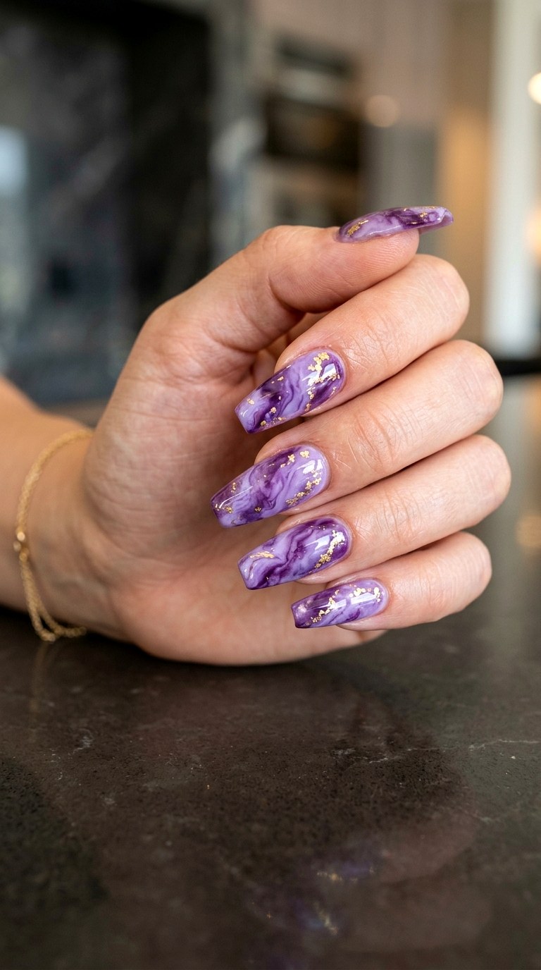 Lavender Marble with Gold Foil - 29 Festive Spring Multicolor Acrylic Nails