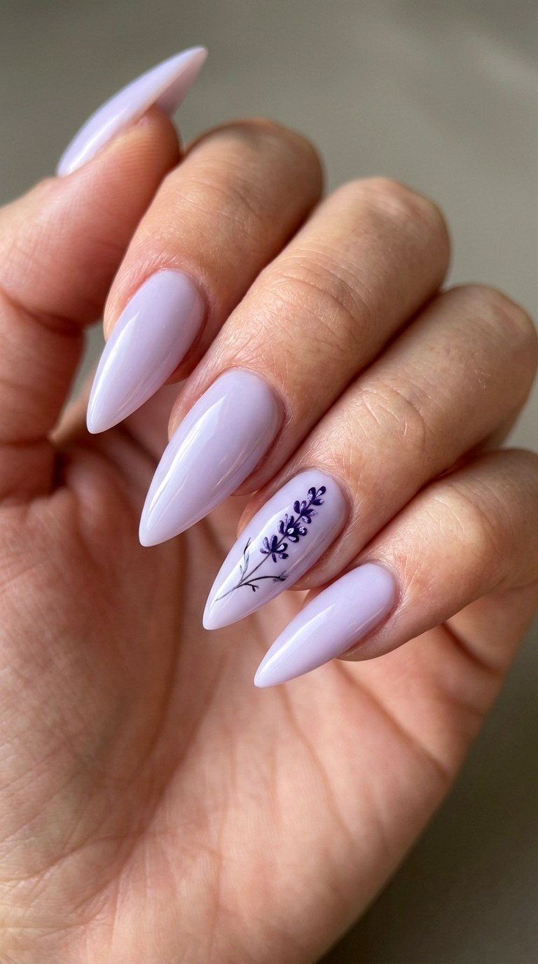 Lavender Sprig Minimalism - 28 Botanical Spring Stiletto Nails