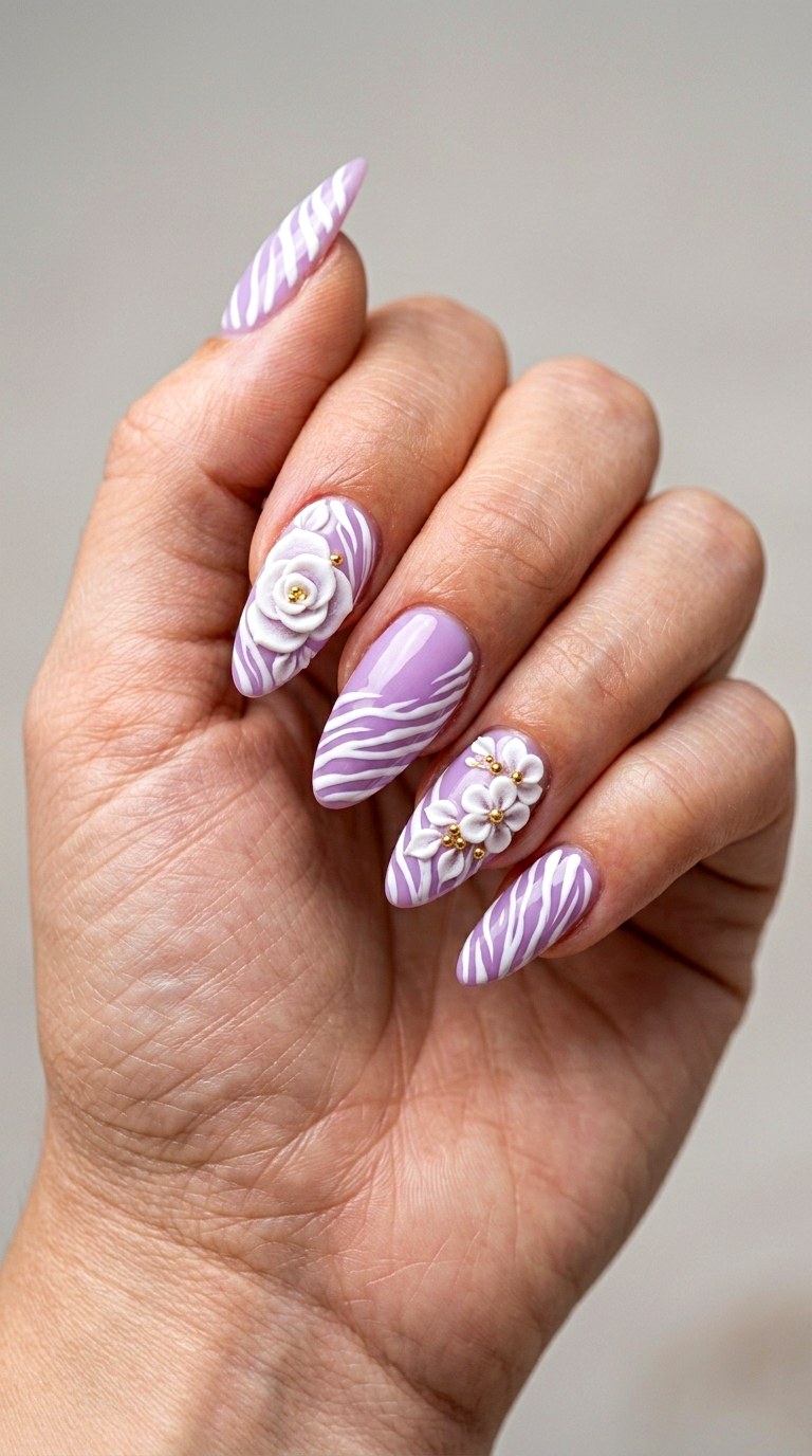Lavender Zebra Bloom Accent - 21 Classic Spring Acrylic Nails