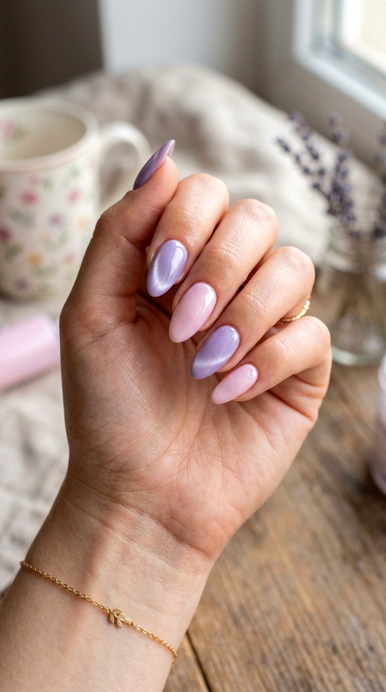 Lavender and Baby Pink Combo - 20 Spring Lavender Magnetic Cat Eye Nails Ideas
