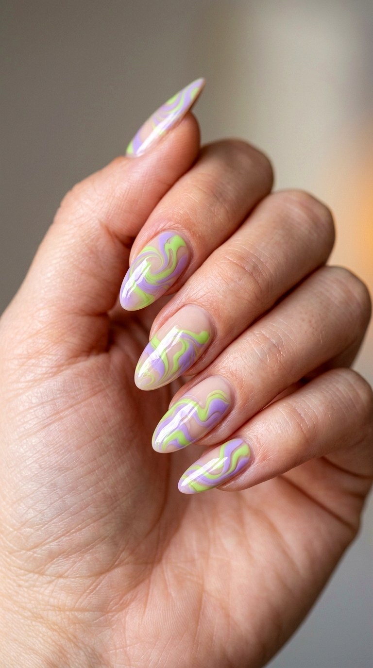 Lavender and Lime Swirl Fusion - 27 Graphic Spring Two Colored Nails