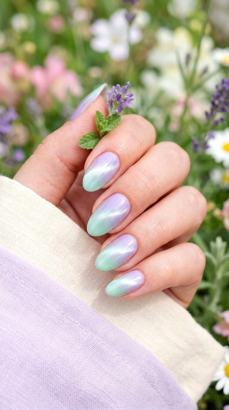 Lavender and Mint Gradient Cat Eye - 20 Spring Dual-Tone Magnetic Cat Eye Nails Ideas