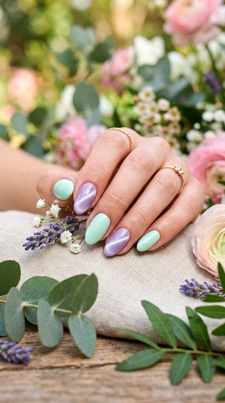 Lavender and Mint Green Combo - 20 Spring Lavender Magnetic Cat Eye Nails Ideas