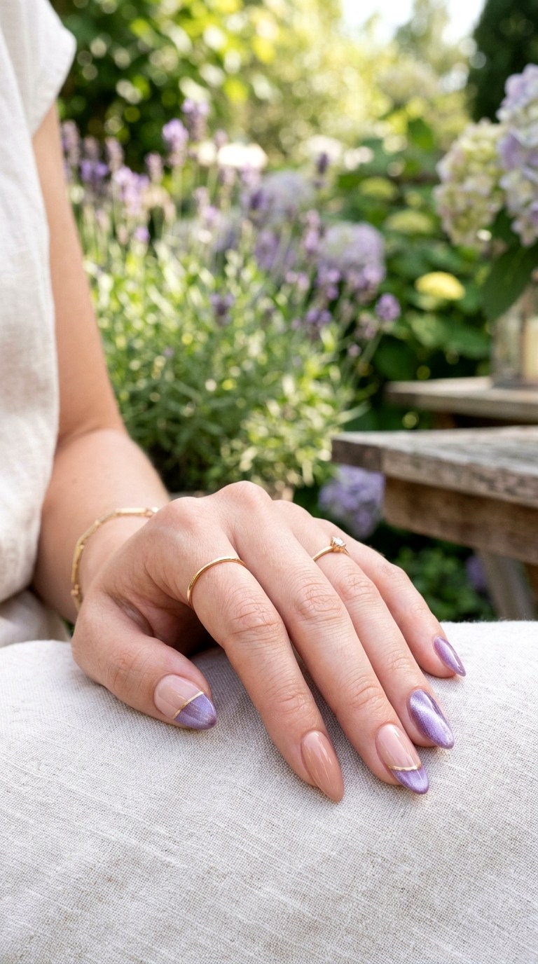 Lavender and Nude Color Block - 20 Spring Lavender Magnetic Cat Eye Nails Ideas