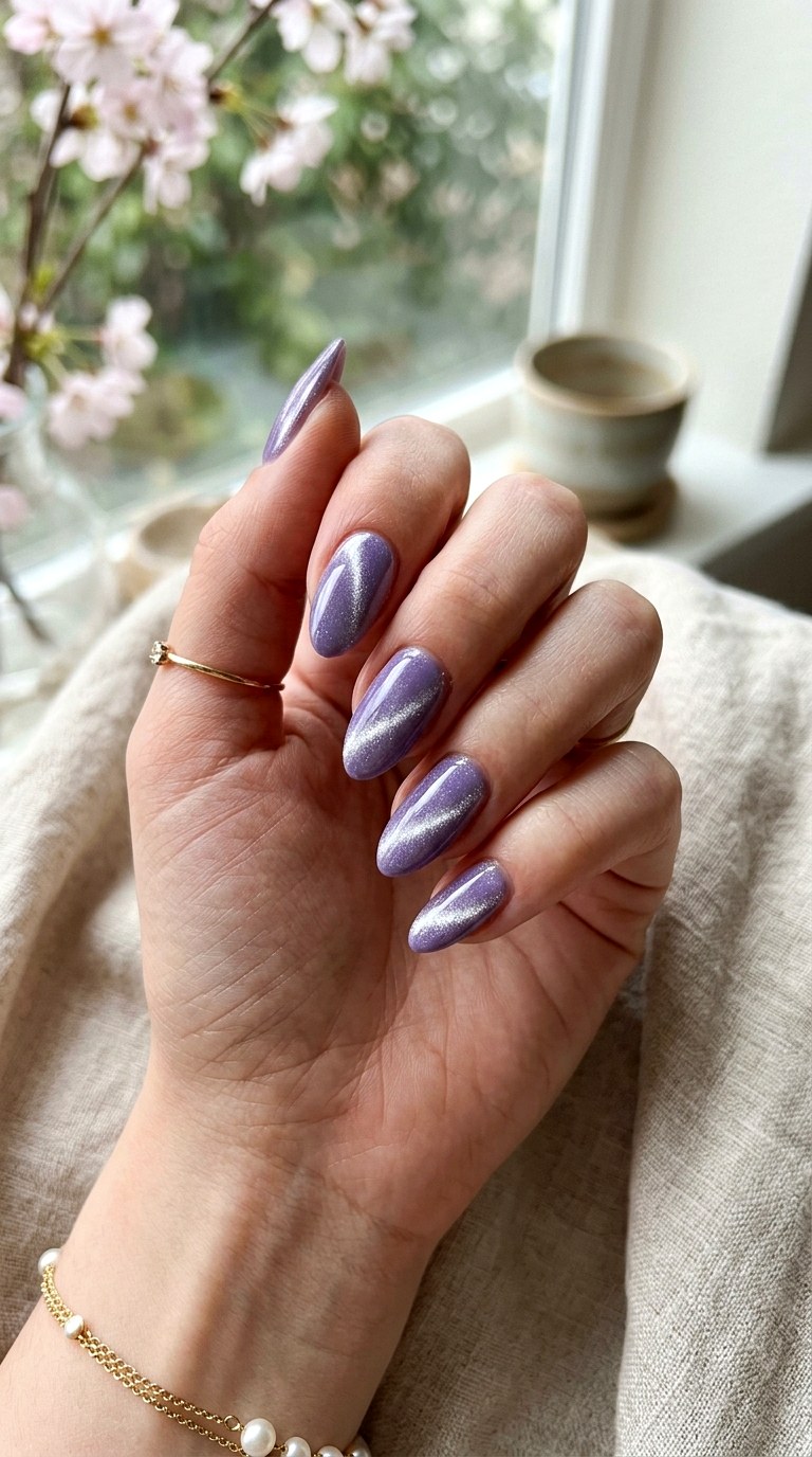 Lavender and Silver Shimmer - 20 Spring Lavender Magnetic Cat Eye Nails Ideas