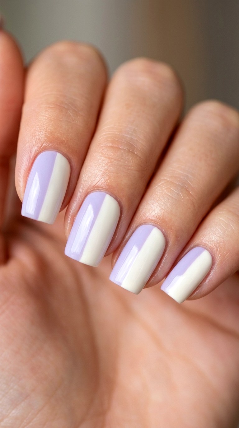 Lavender and Soft White Color Block - 22 Minimalist Spring Two Colored Nails