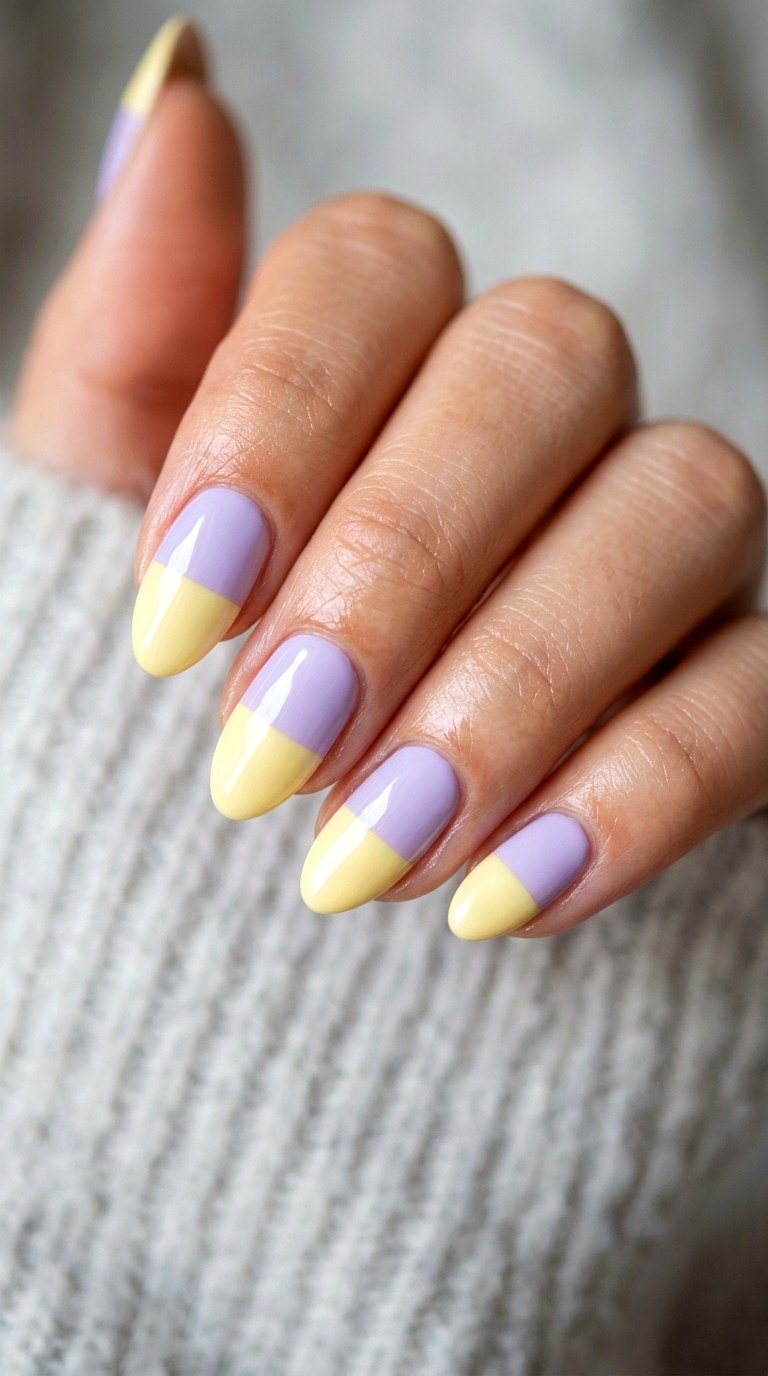 Lavender and Soft Yellow Color Block - 27 Chic Spring Two Colored Nails