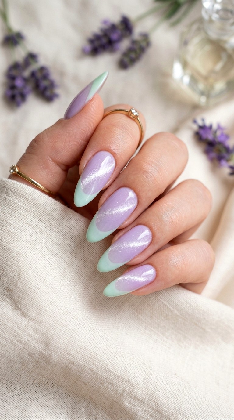Lavender to Mint French Tip Cat Eye Ombre Nails - 24 Summer Ombre Pastel Cat Eye Nails Ideas