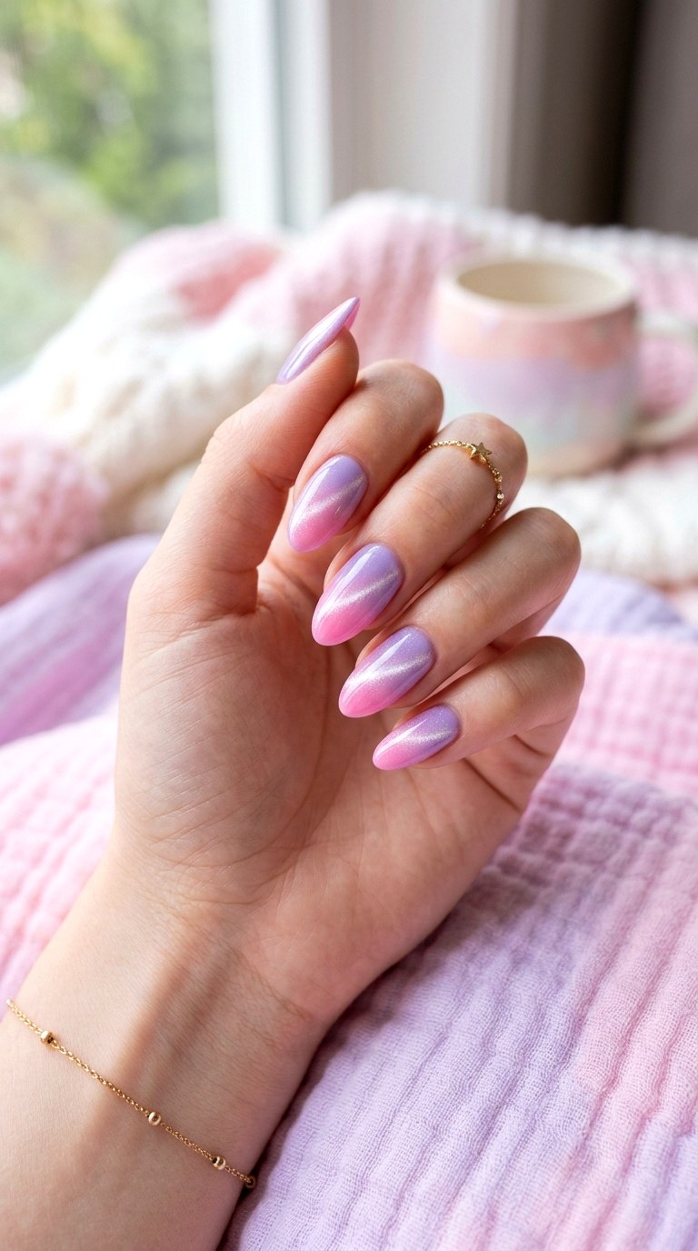 Lavender to Pink Cotton Candy Cat Eye Nails - 24 Summer Ombre Pastel Cat Eye Nails Ideas