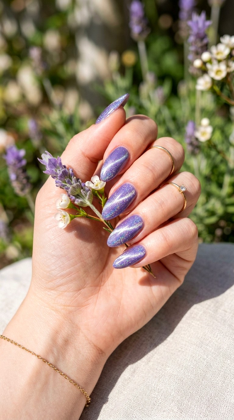 Lavender with Holographic Glitter - 20 Spring Lavender Magnetic Cat Eye Nails Ideas