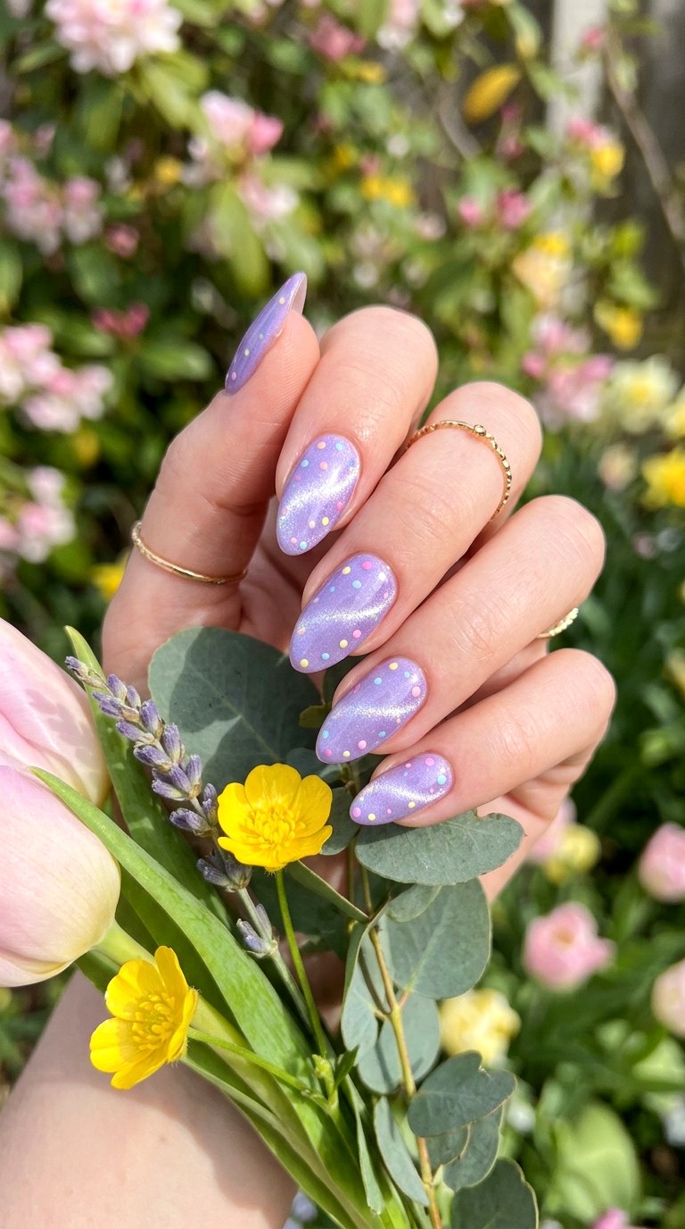 Lavender with Pastel Confetti - 20 Spring Lavender Magnetic Cat Eye Nails Ideas