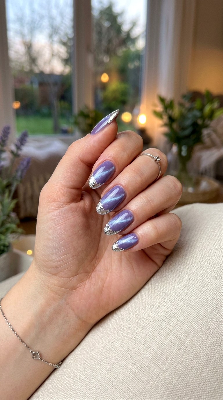 Lavender with Silver Foil Tips - 20 Spring Lavender Magnetic Cat Eye Nails Ideas