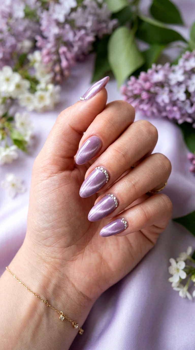 Lavender with Tiny Rhinestones - 20 Spring Lavender Magnetic Cat Eye Nails Ideas