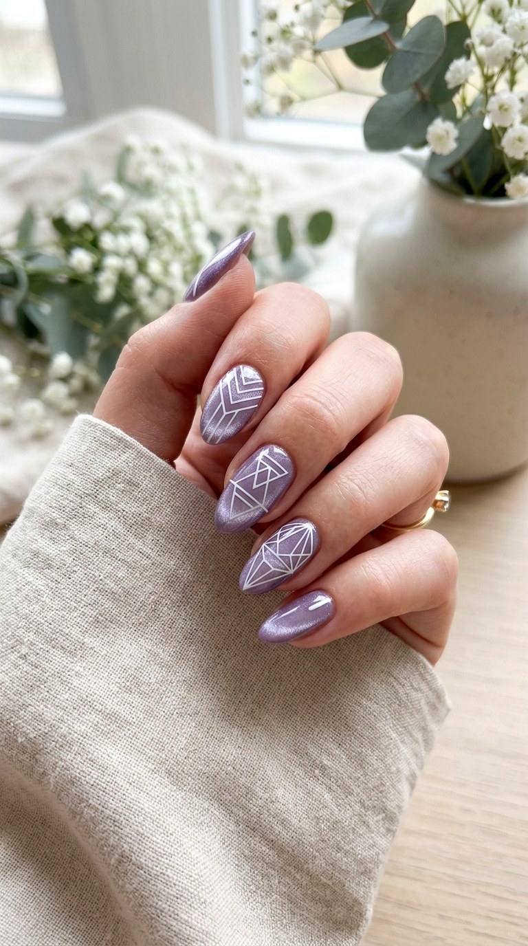 Lavender with White Geometric Lines - 20 Spring Lavender Magnetic Cat Eye Nails Ideas
