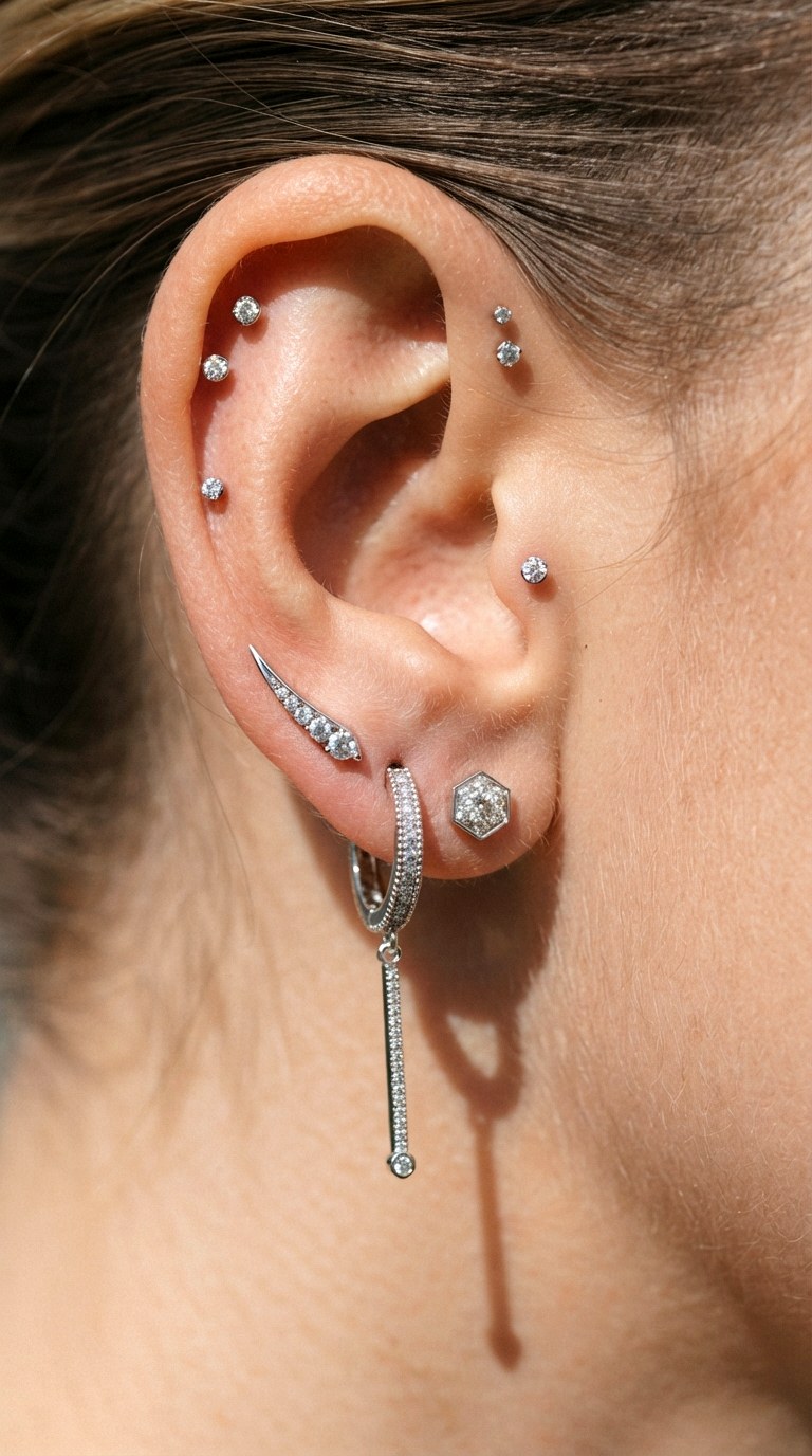 Layer Different Earring Styles - 24 diamond earring stack