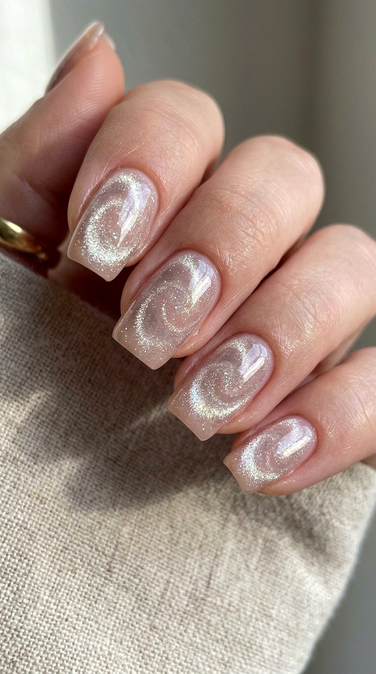 Layered Nude Cat Eye Effect - 20 Spring Nude Base Cat Eye Nails Ideas