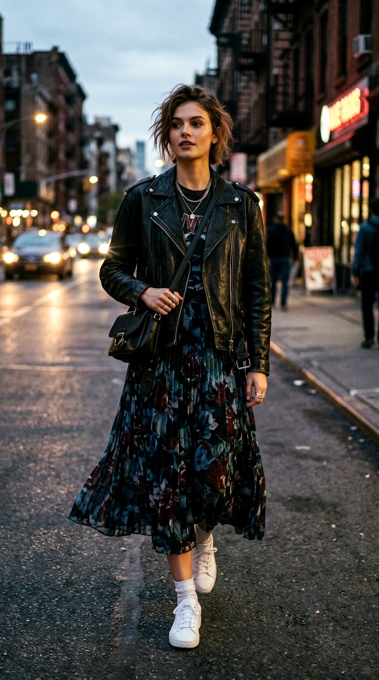 Leather Jacket with Floral Skirt - 24 Beautiful Spring Outfit Inspirations 2026 for a Fresh New Look