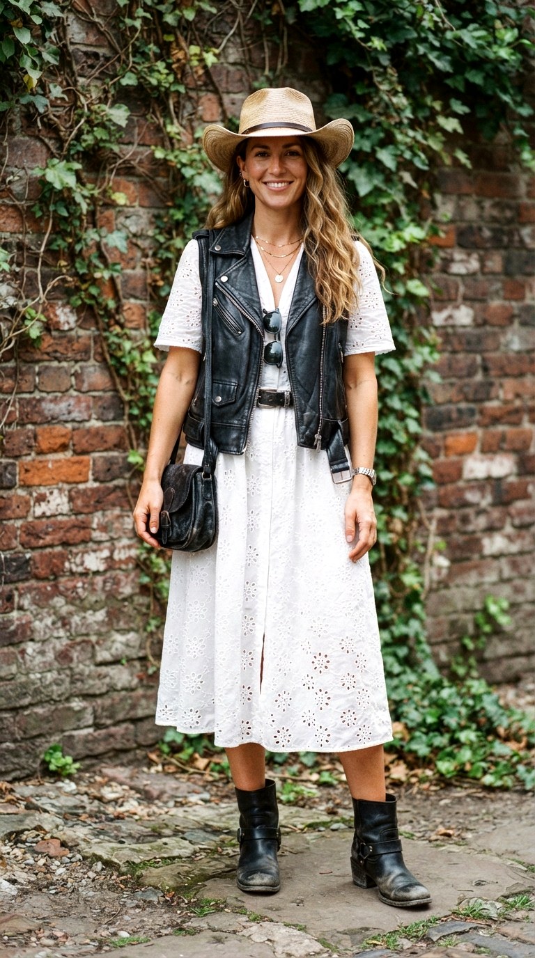 Leather Moto Vest over Eyelet Cotton Western Chic Outfit - 29 western chic outfits