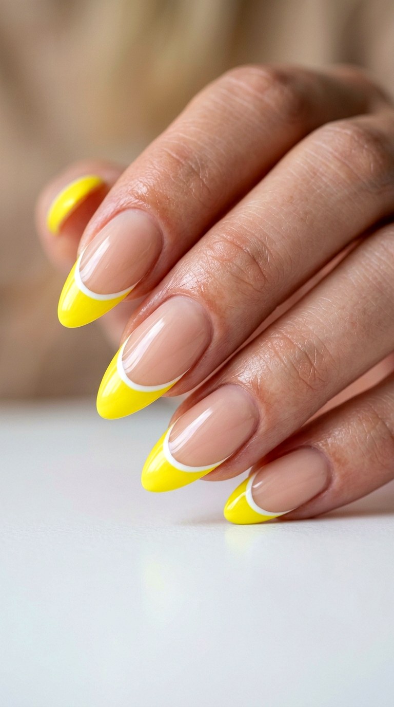 Lemon Yellow and Crisp White French Twist - 24 Classy Spring Two Colored Nails