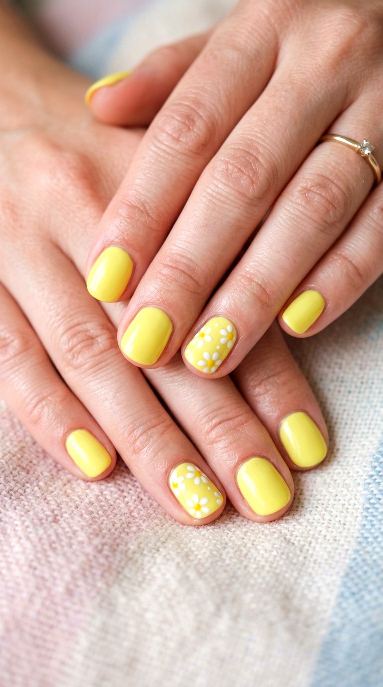 Lemon Yellow and White Daisy Dots - 27 Chic Spring Two Colored Nails