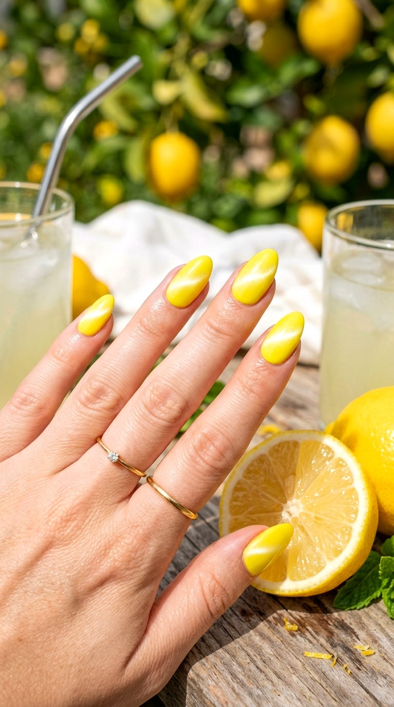 Lemon Yellow and White Glow - 26 Summer Dual-Tone Magnetic Cat Eye Nails Ideas
