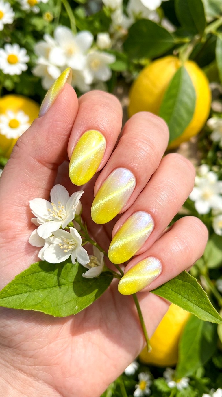 Lemon Yellow and White Glow - 20 Spring Dual-Tone Magnetic Cat Eye Nails Ideas