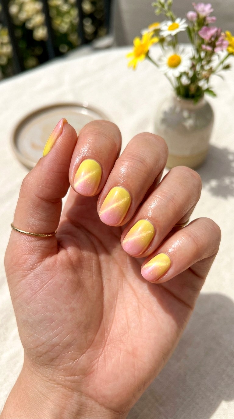 Lemon Yellow to Soft Pink Ombre Cat Eye Nails - 24 Summer Ombre Pastel Cat Eye Nails Ideas