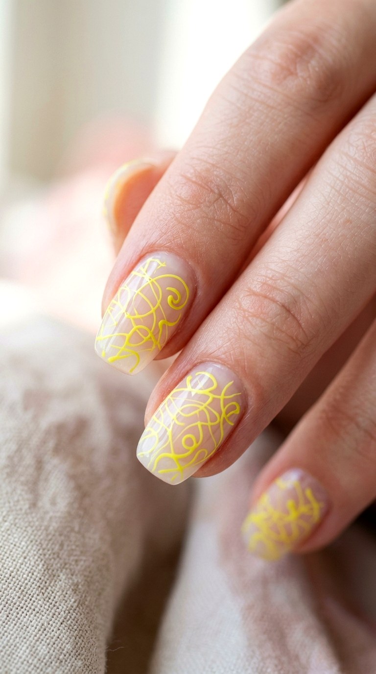 Lemon Zest Fine Line Squiggles - 29 Fine-Line Spring Acrylic Nails