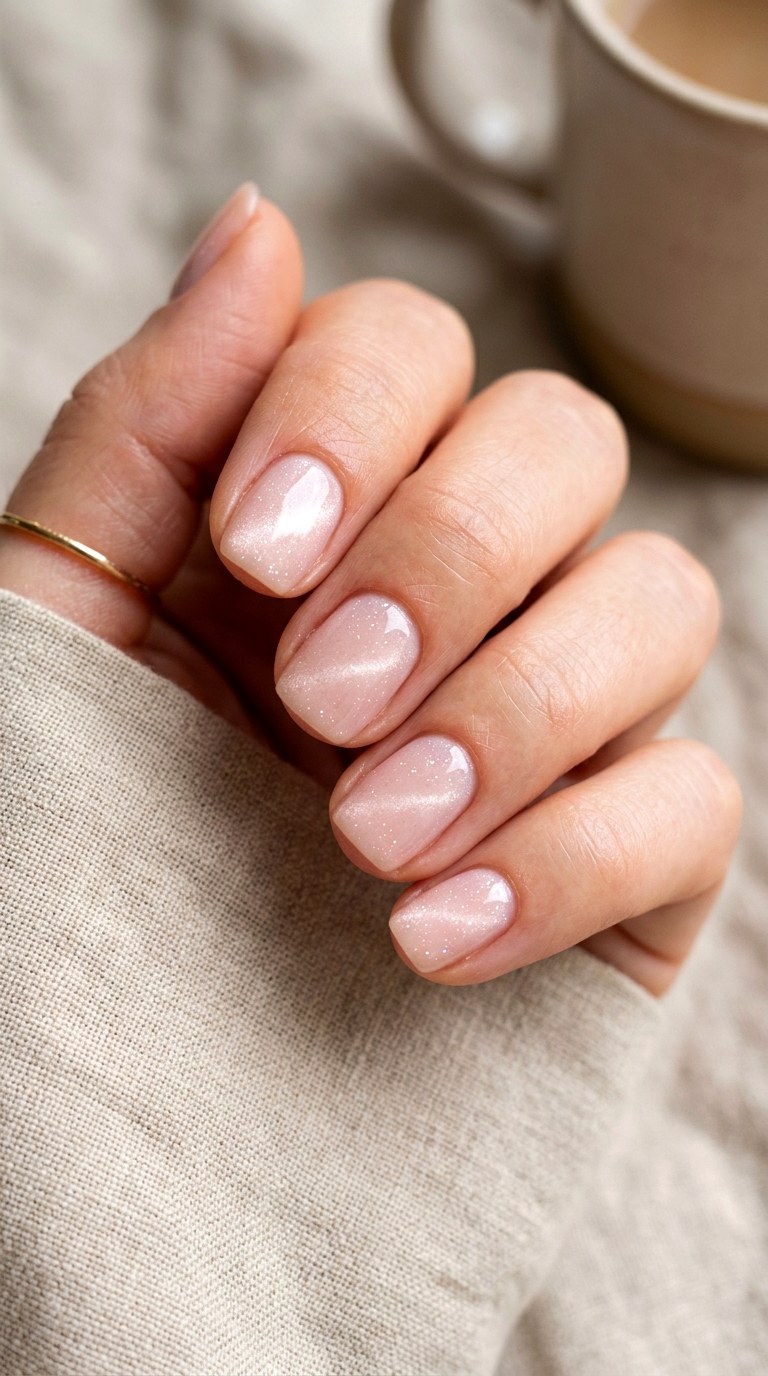 Light Blush with Subtle Glitter Dust - 21 Summer Blush Cat Eye Nails with Glitter Ideas
