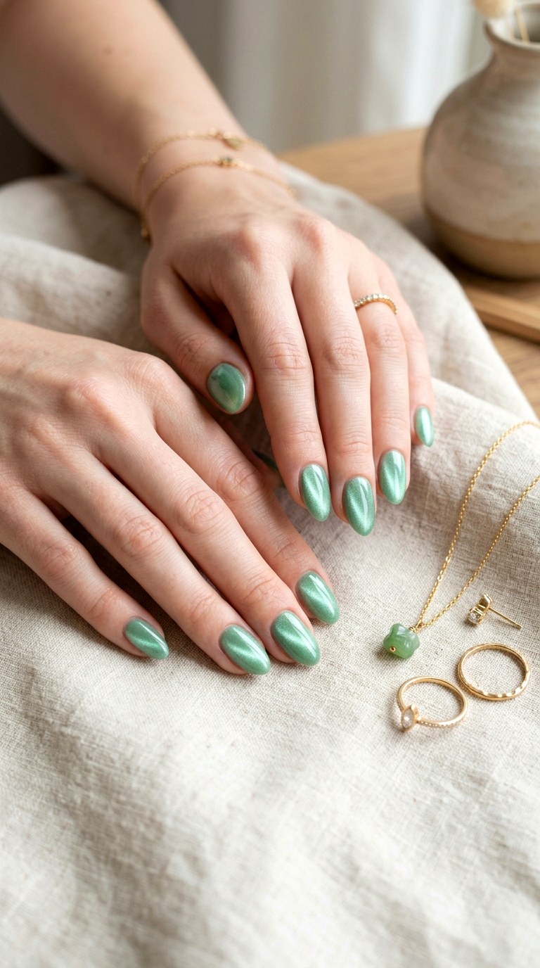 Light Jade Magnetic Glow Nails - 23 Summer Soft Green Shimmer Cat Eye Nails Ideas